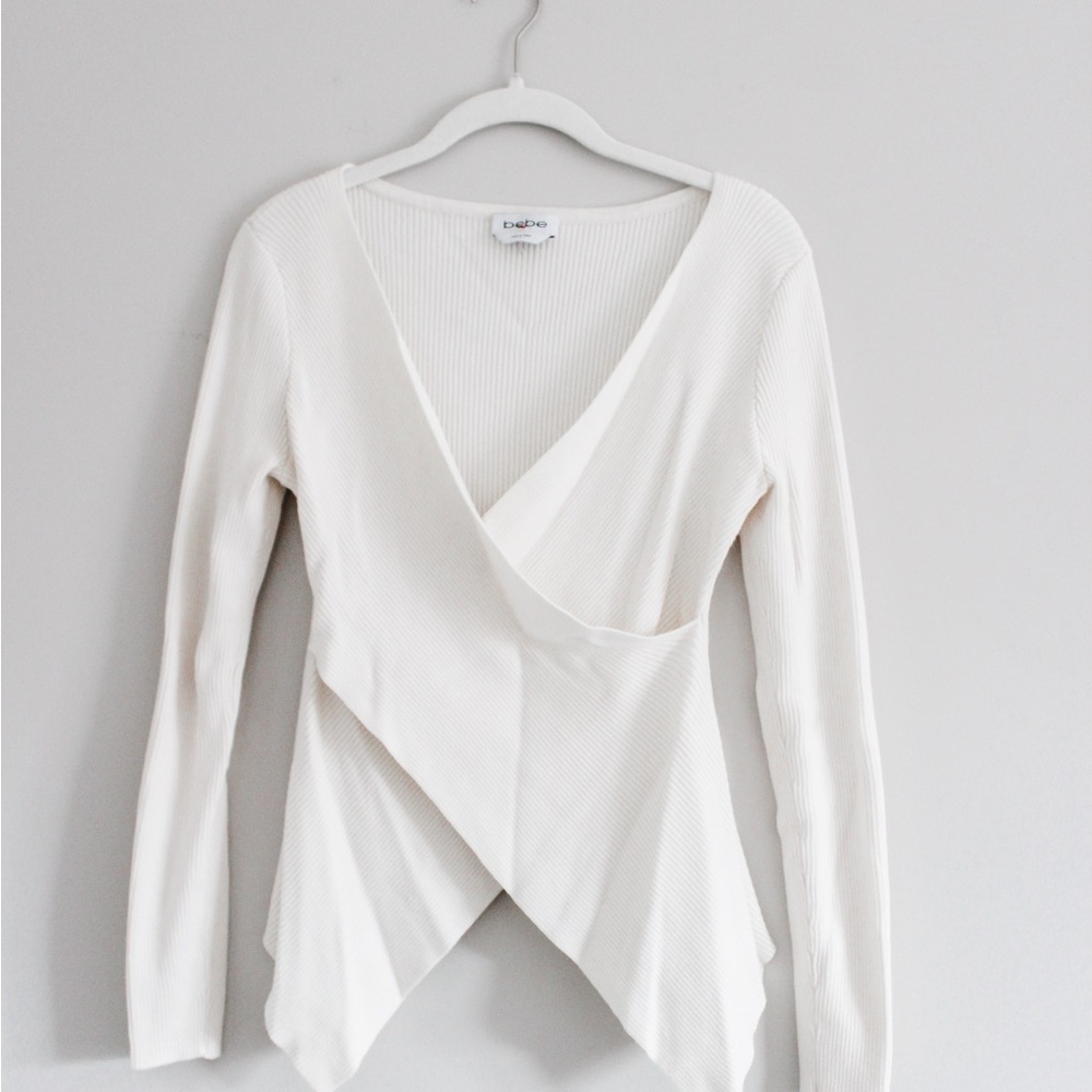 bebe White Ribbed Wrap Blouse
